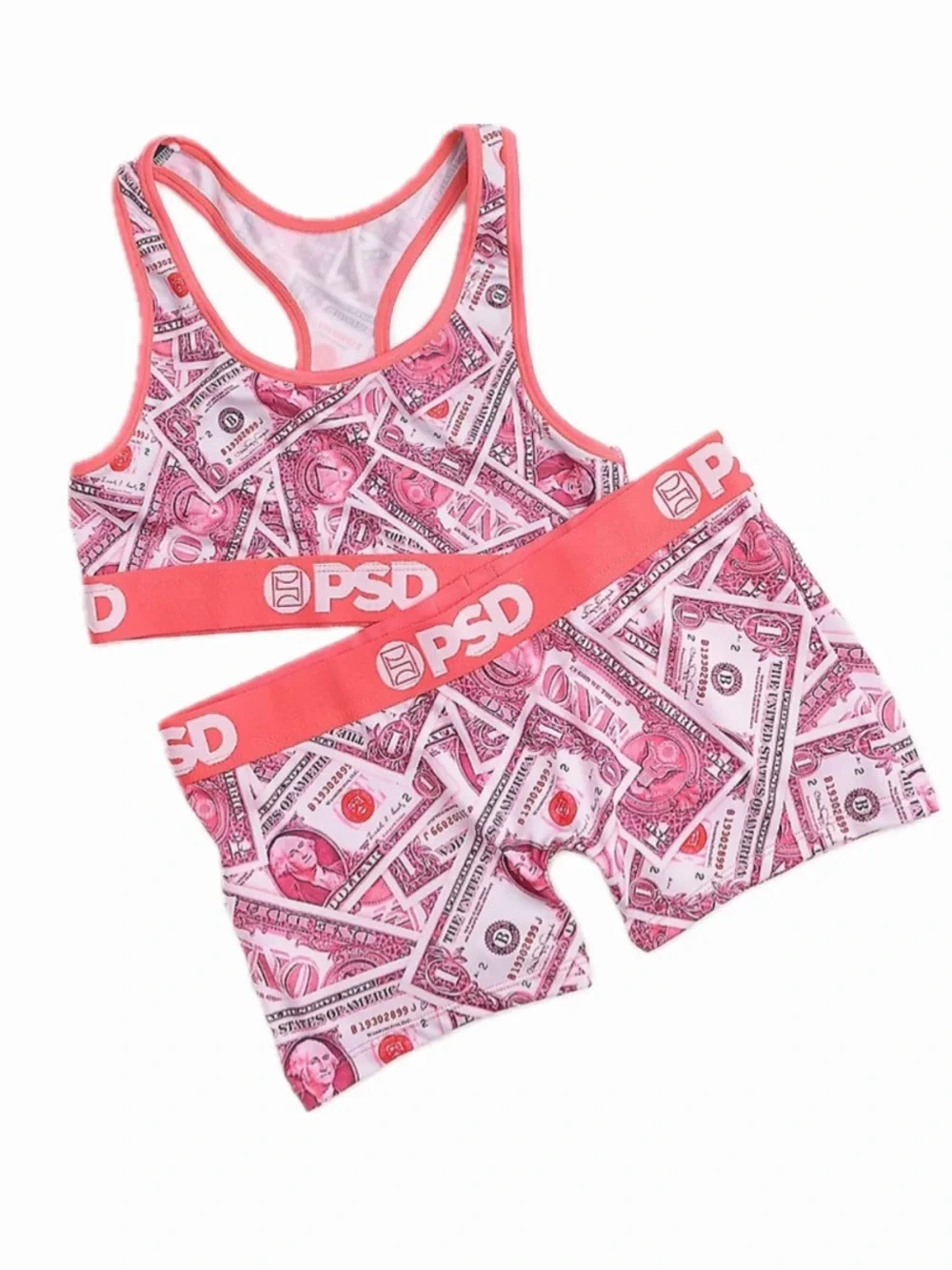 PSD WOMEN M PINK DOLLARS SPORTS BRA & BOY-SHORT SET